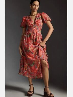 Anthropologie Katerina Button-Front Dress | Size 10, Red